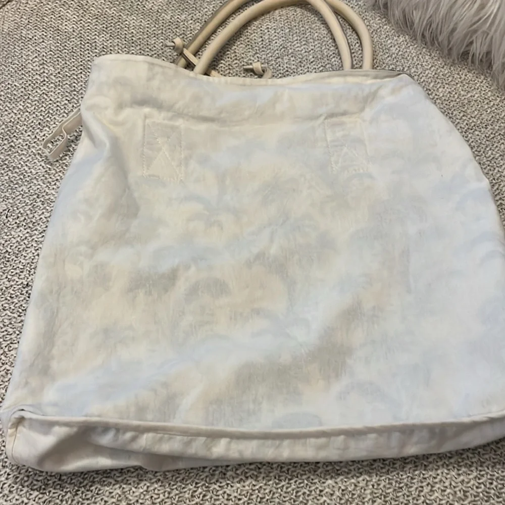 Tropical Blue White Canvas Hawaiian Print Leather Handles Drawstring Large Tote